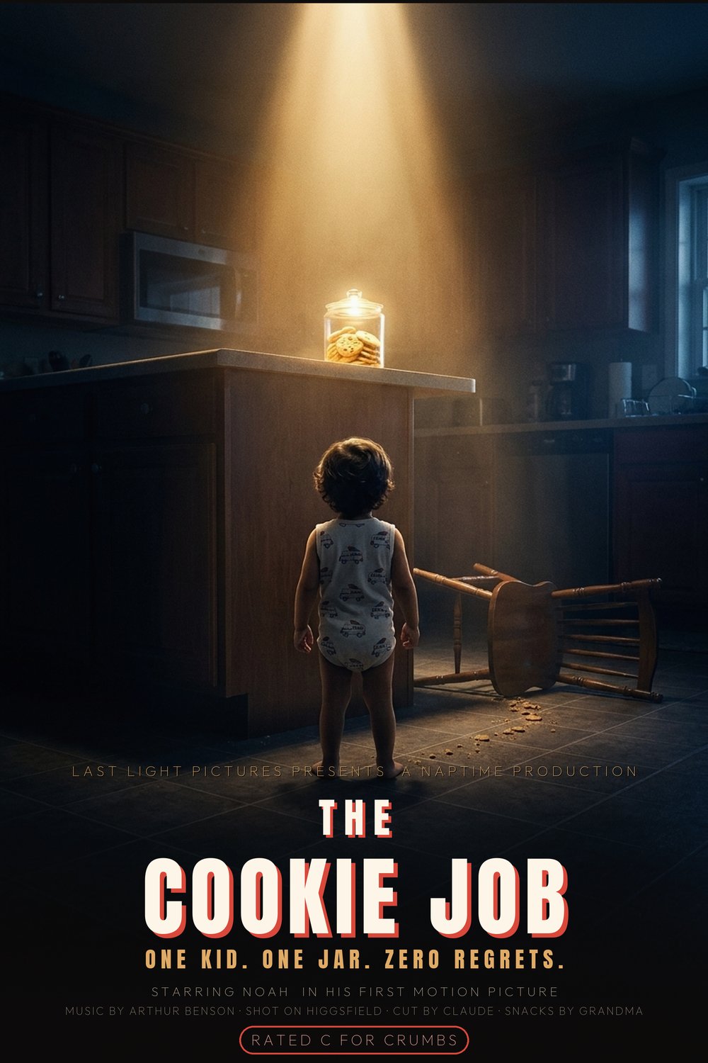 THE COOKIE JOB movie poster — a toddler heist caper. One kid. One jar. Zero regrets.